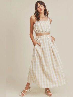 Just Me Beige Gingham Two-Piece Skirt Set